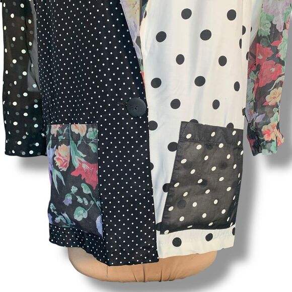 Vintage 90s Black Oversized Blazer Jacket Patchwork Polka Dot Floral Lace Collar - Picture 3 of 9